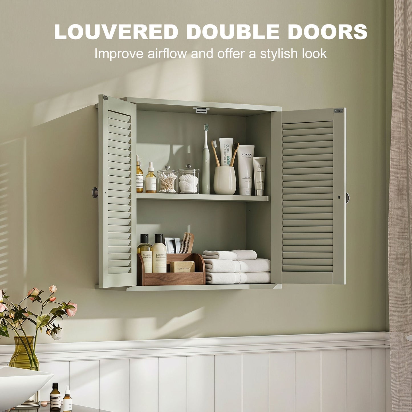 HOMCOM Bathroom Cabinet, Bathroom Wall Cabinet with Louvered Doors and Adjustable Shelf Storage for Kitchen, Light Green