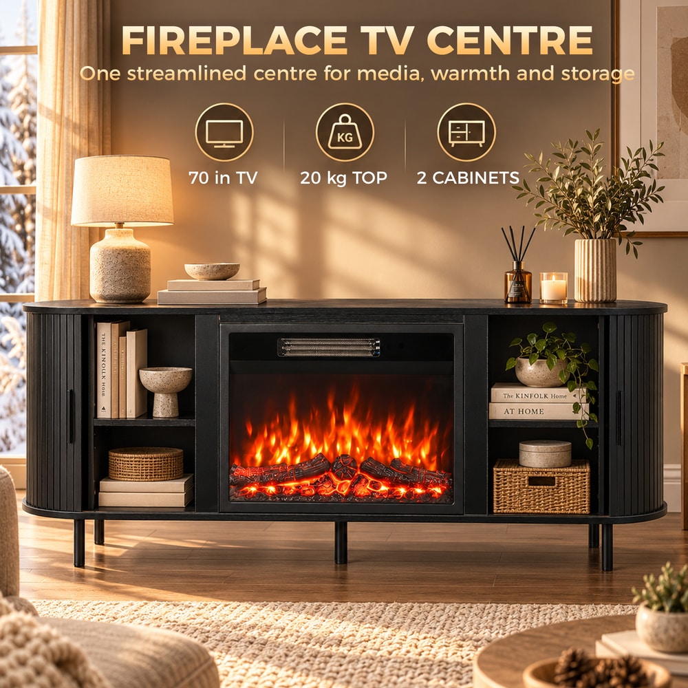 HOMCOM Electric Fireplace TV Stand for 70" TVs, 1800W Entertainment Center with Adjustable Flame Effect, Storage