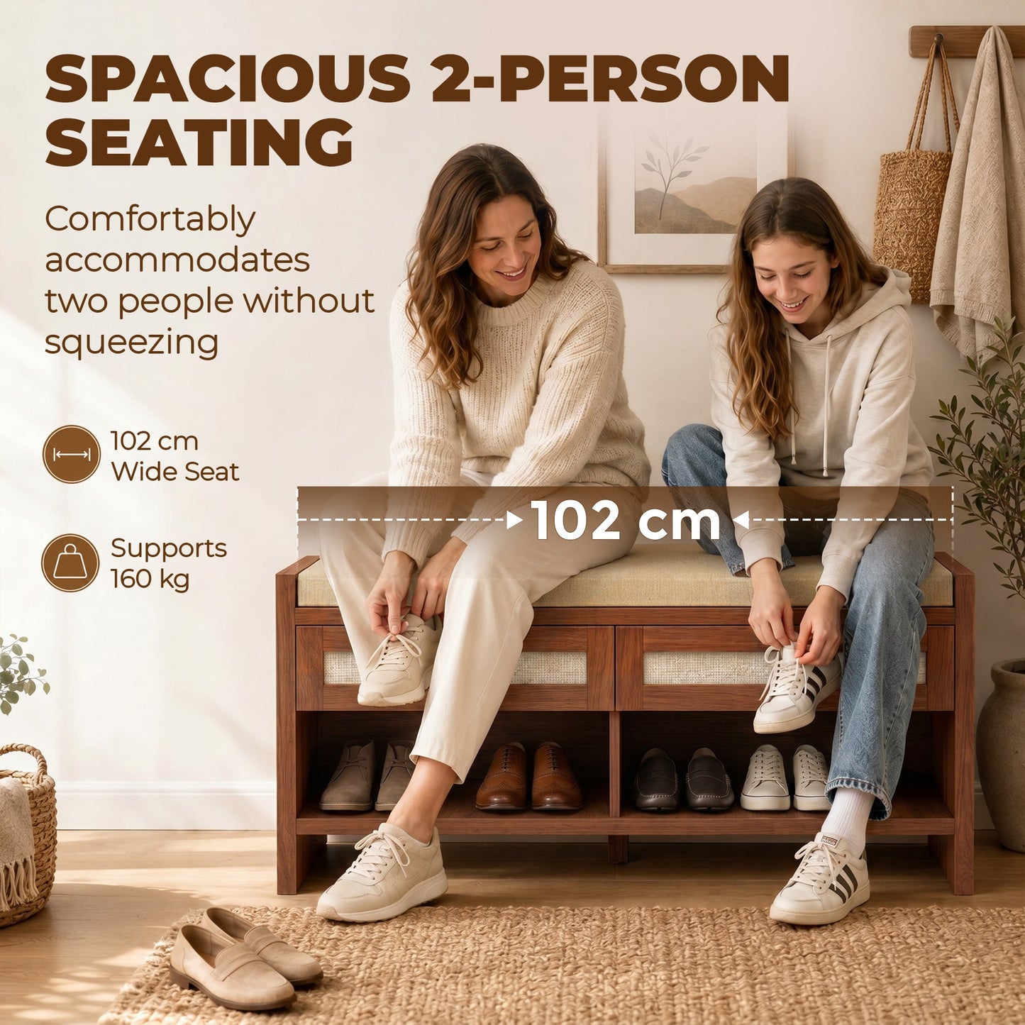 HOMCOM Boho Shoe Bench with 2 Rattan Drawers, Shoe Storage Bench with Cushioned Seat and Open Shelf Brown