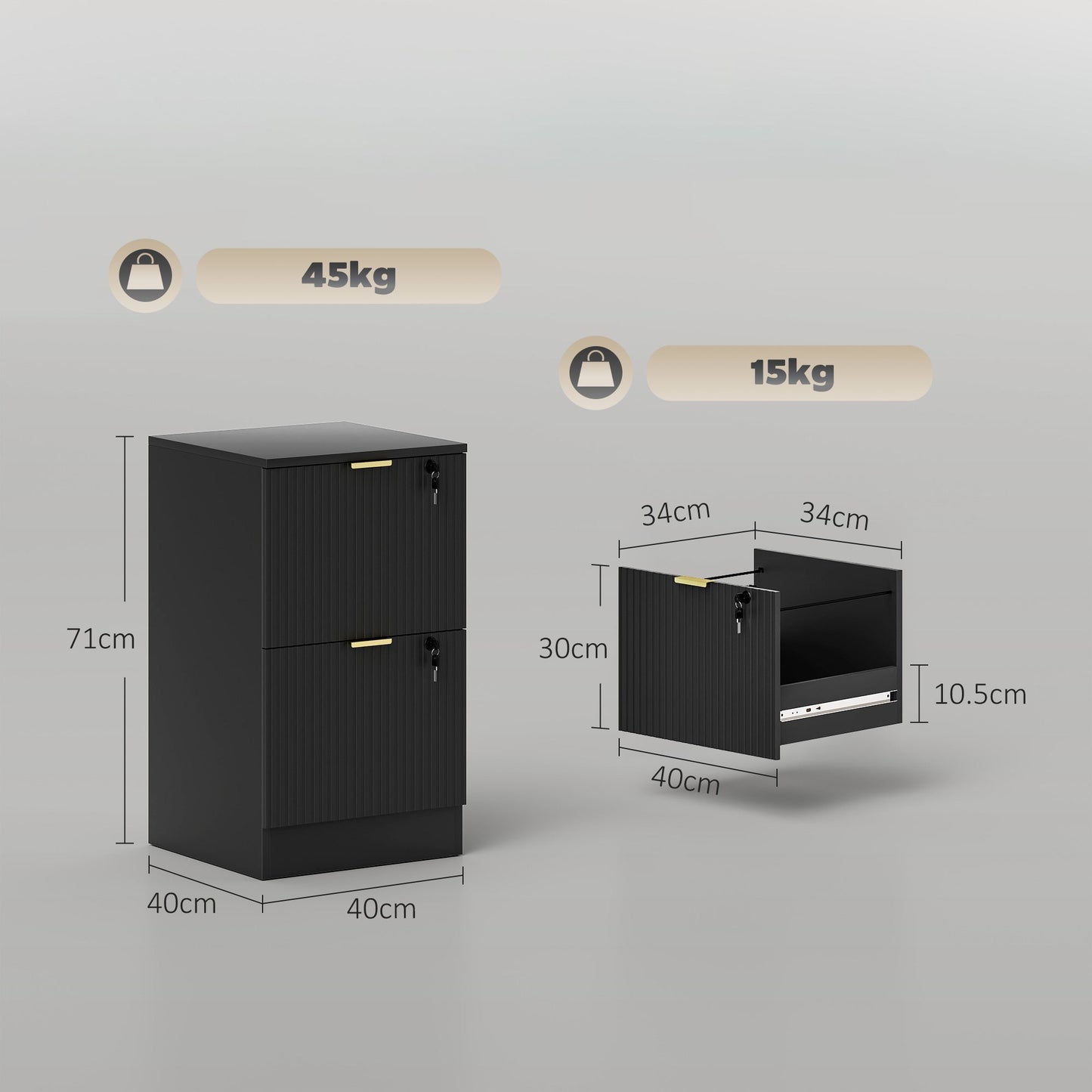 HOMCOM Filing Cabinet, Fluted Vertical File Cabinet with 2 Lockable Drawers and Hanging Rails, Black