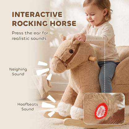 AIYAPLAY Kids Rocking Horse, Children Plush Ride On Animal Rocker w/Sound, Seat Belt, Wood Base Seat for Toddlers 18-36 M, Brown