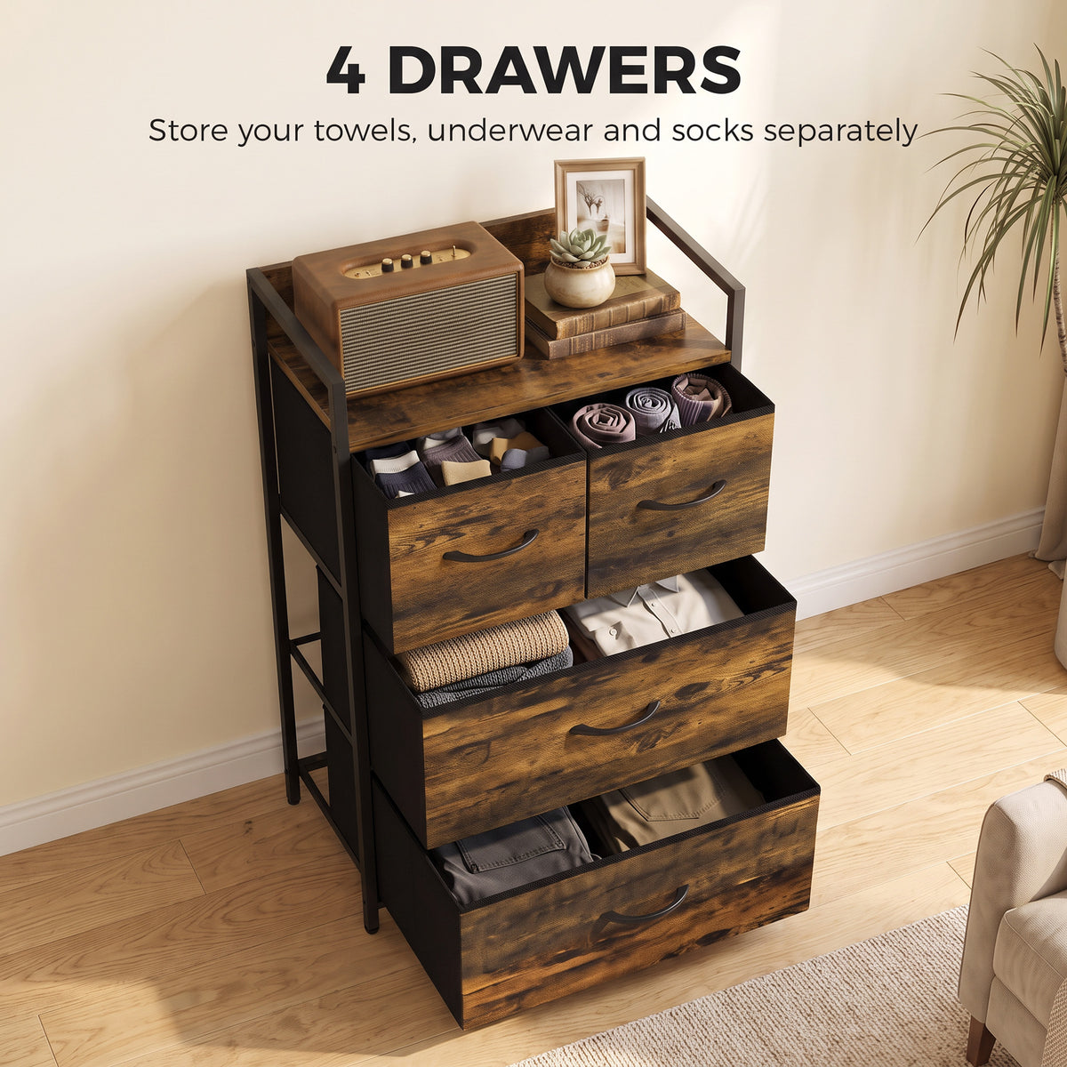 HOMCOM Rustic Chest of Four Fabric Drawers in Rustic Brown