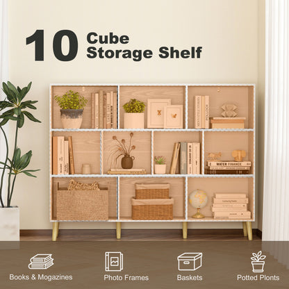 HOMCOM 10-Cube Bookcase, 3-Tier Book Shelf with Solid Wood Legs, 140 cm Modern Bookshelf with Anti-Tip Kit for Bedroom, White