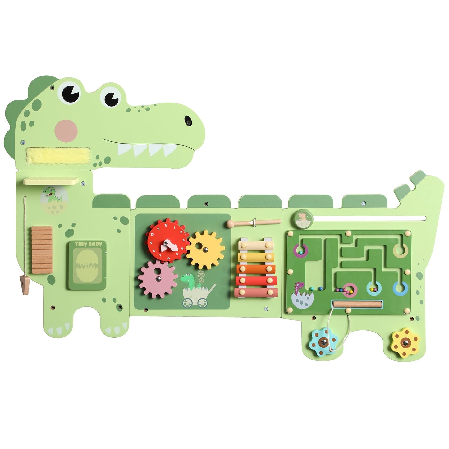 AIYAPLAY Busy Board Panels, Wall Mounted Montessori Inspired Busy Board, Toddler Learning Centre Dinosaur Theme, Green