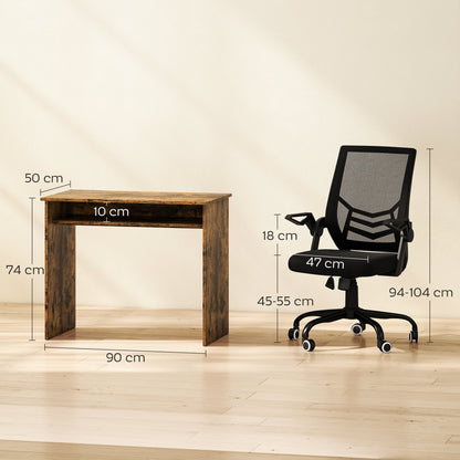 HOMCOM Modern Home Office Furniture Set, Computer Desk with Storage Shelf and Ergonomic Mesh Chair with Flip-Up Armrests, Lumbar Support, Adjustable Height, Rustic Brown and Black