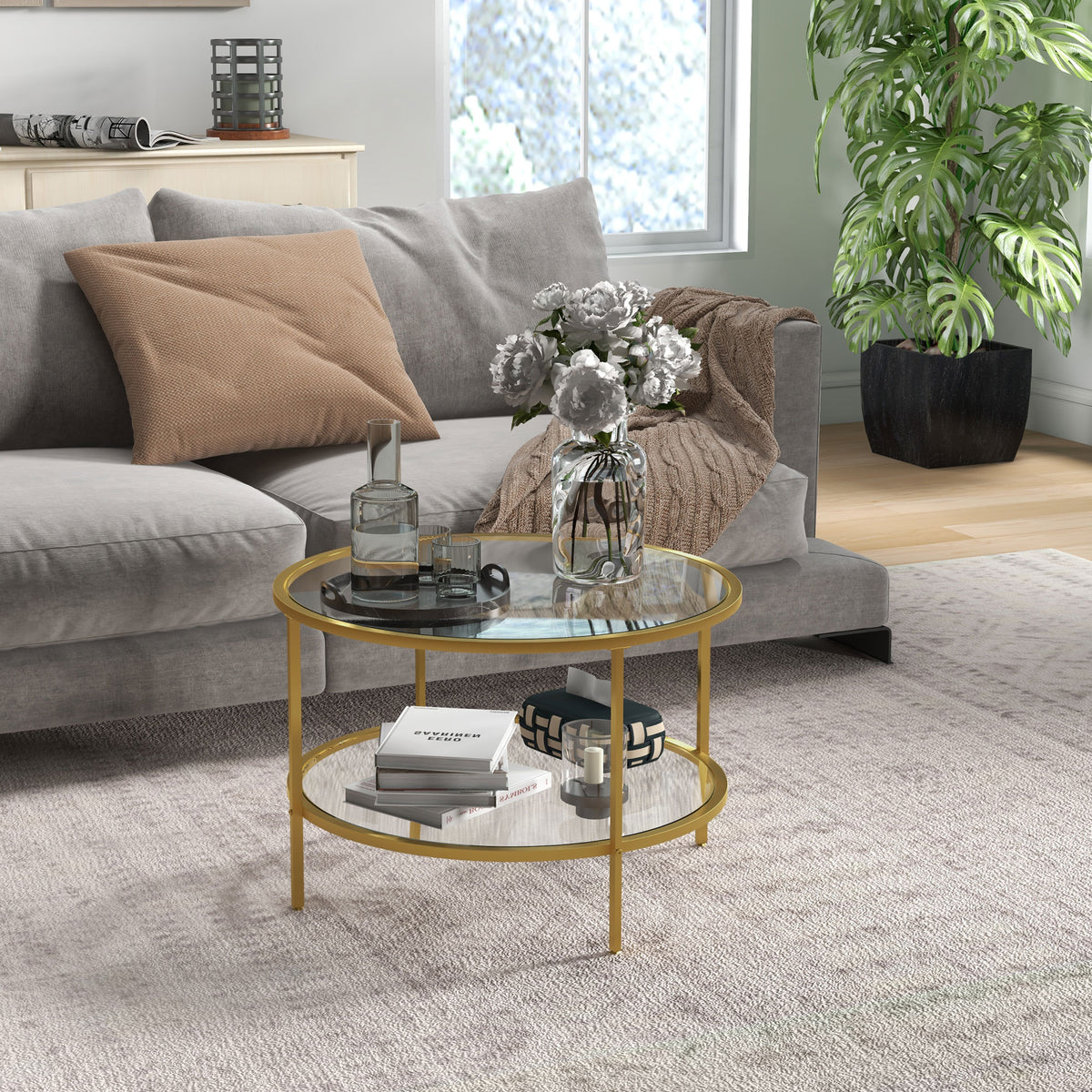 HOMCOM Round Coffee Table with Storage in Gold Tone