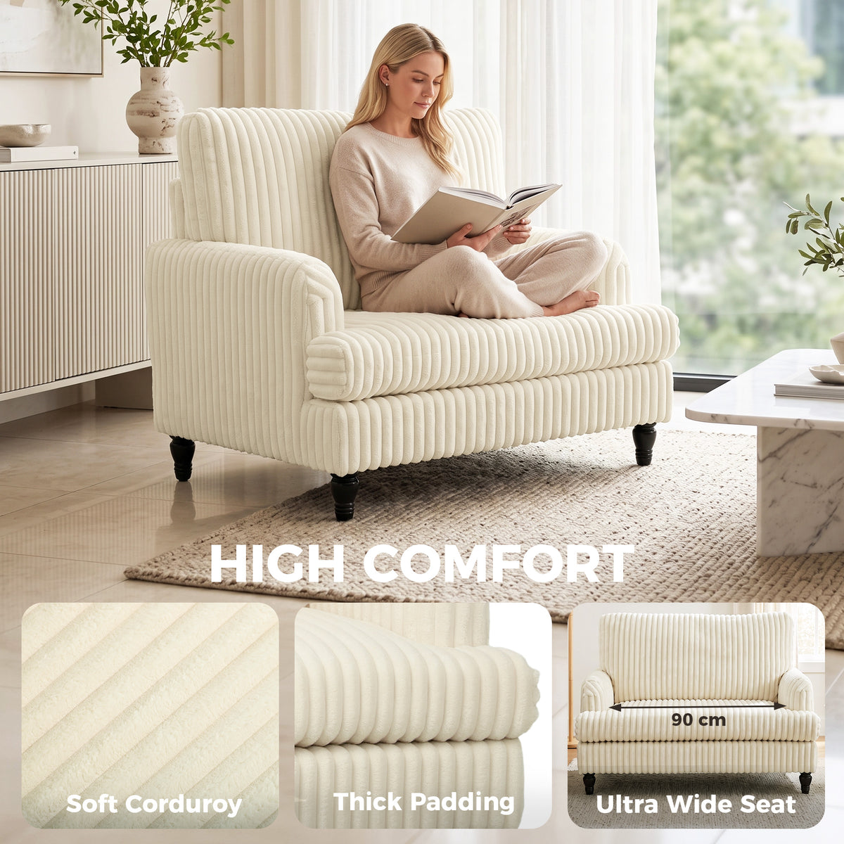 HOMCOM Corduroy Single Sofa Armchair in Cream