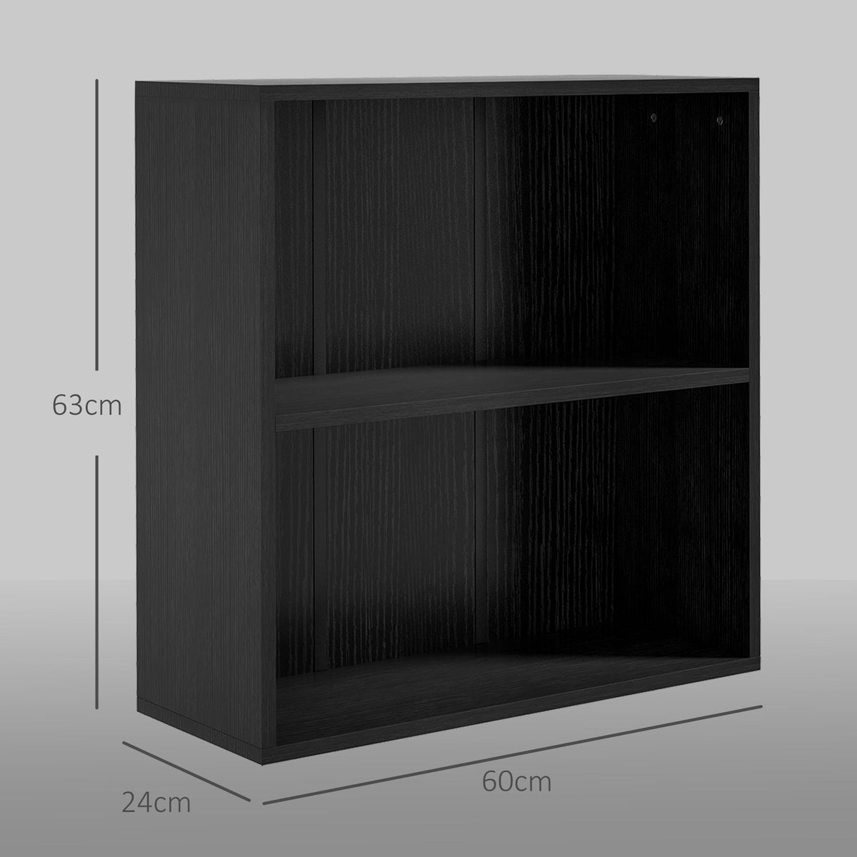 The black two tier bookcase shown with lines indicating its height width and depth