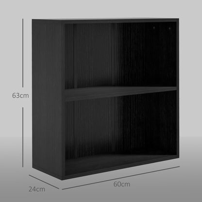 The black two tier bookcase shown with lines indicating its height width and depth