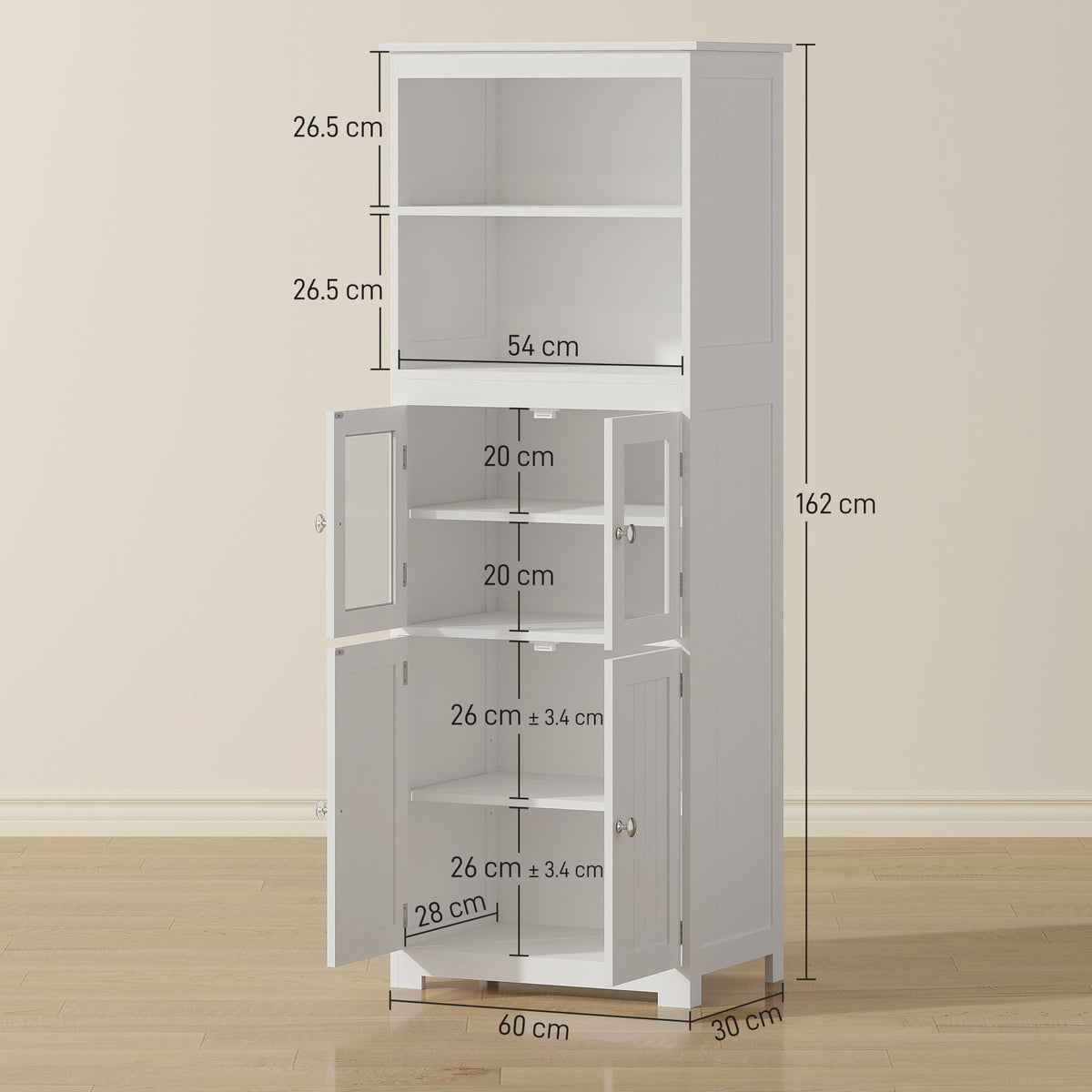 The kitchen furniture shown with all doors open and black lines indicating various dimensions