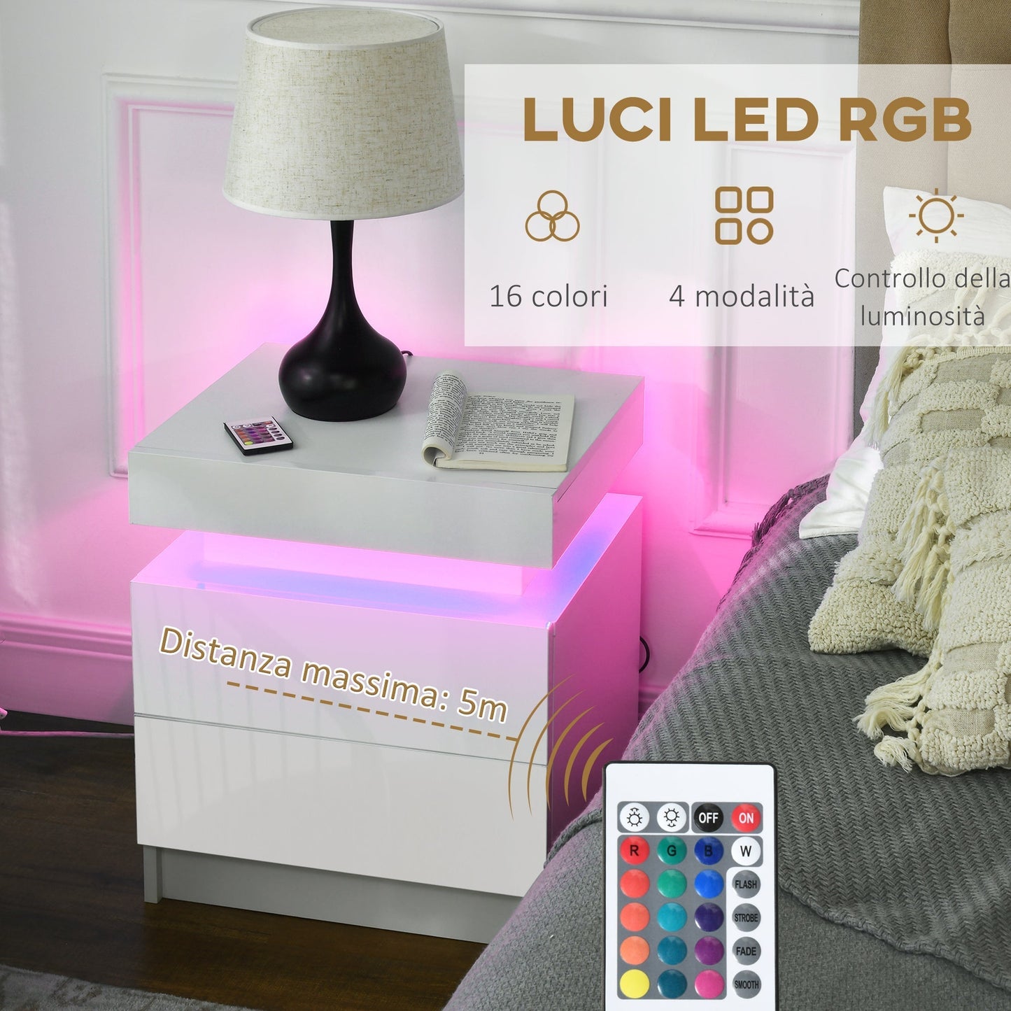 طقم من قطعتين من طاولات السرير البيضاء من HOMCOM بإضاءة LED، طاولات بجانب السرير ذات واجهة لامعة مع 4 أدراج