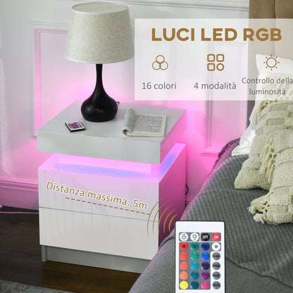 طقم من قطعتين من طاولات السرير البيضاء من HOMCOM بإضاءة LED، طاولات بجانب السرير ذات واجهة لامعة مع 4 أدراج