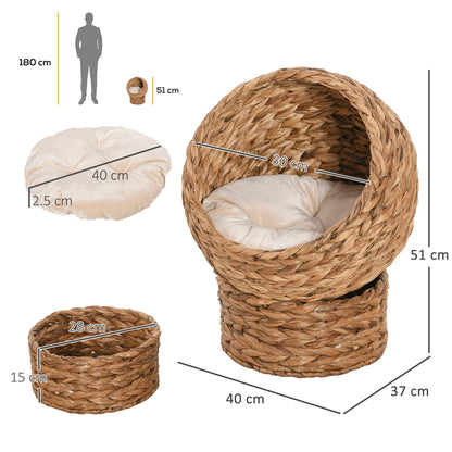 PawHut Wicker Cat Bed, Raised Rattan Cat Basket with Cylindrical Base, Soft Washable Cushion, 40 x 37 x 51 cm - Brown