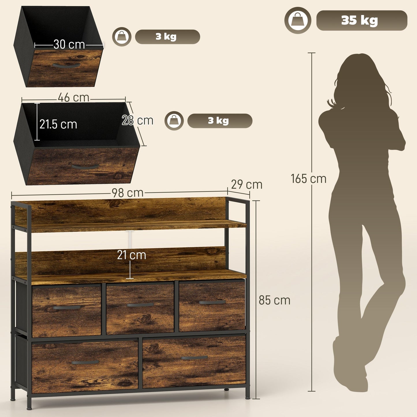 HOMCOM Rustic Chest of Five Fabric Drawers - Rustic Brown
