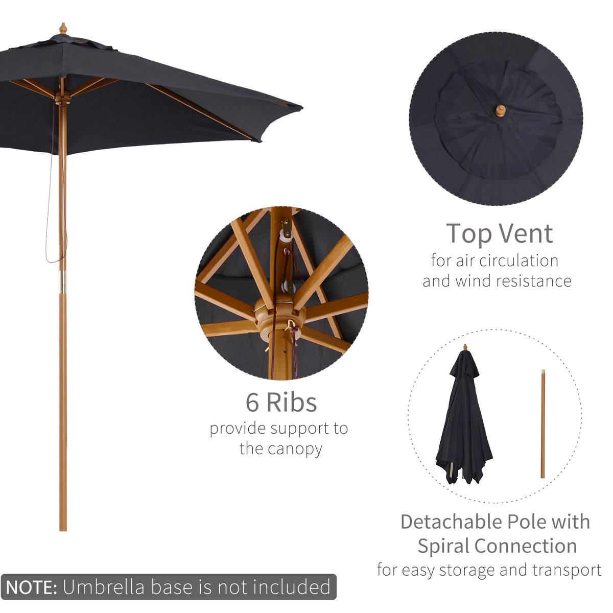 Outsunny 2.5m Wood Garden Parasol in Black
