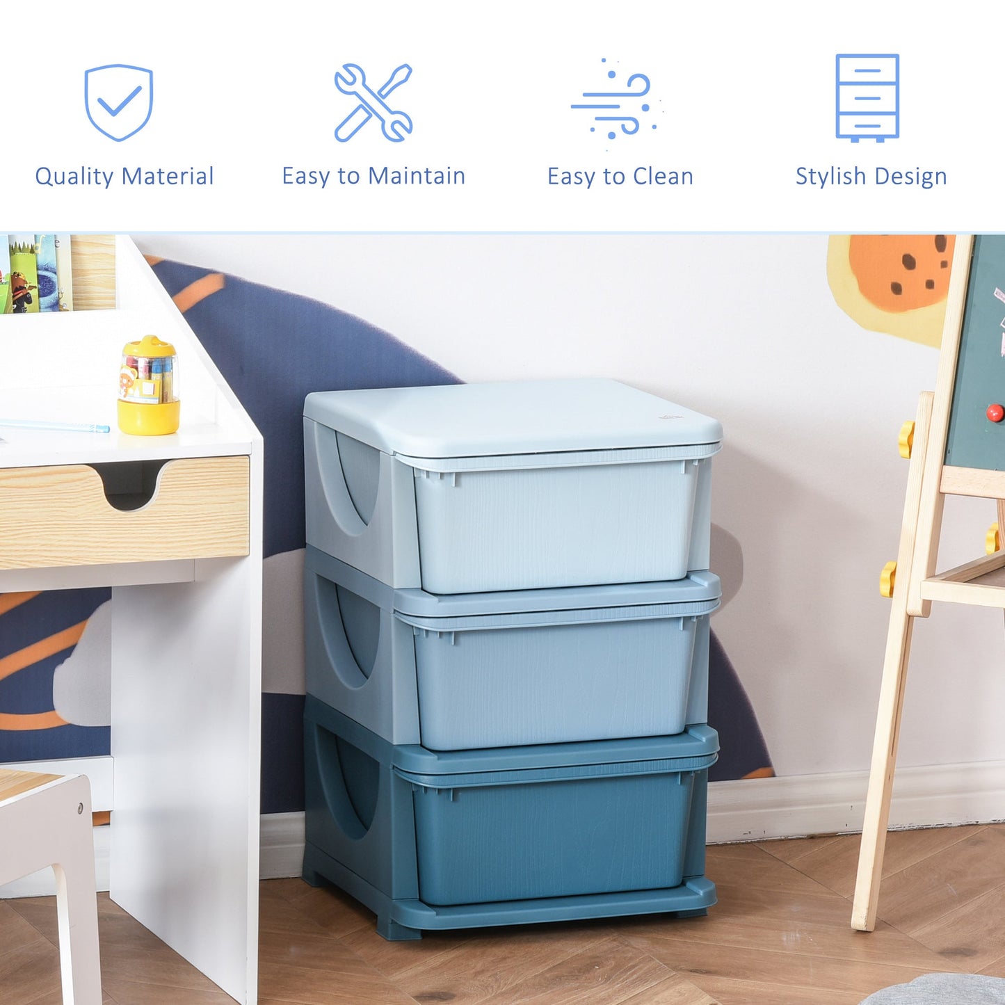 HOMCOM وحدات تخزين بلاستيكية بـ 3 أدراج، وحدات تخزين أطفال من 3 طبقات، صندوق ألعاب للأطفال لغرفة الأطفال، غرفة اللعب، غرفة النوم، أزرق