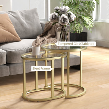 طاولات قهوة مودرن من هومكوم، مجموعة من 2، طاولات متداخلة بإطار فولاذي وسطح زجاجي مقوى، طاولات جانبية لغرفة المعيشة وغرفة النوم، شفافة