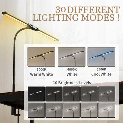 مصباح مكتب HOMCOM LED مع مشبك، مصباح طاولة برأس مزدوج مع 3 أوضاع للألوان و10 مستويات سطوع، مصباح قراءة مكتبي بذراع مرن مع مؤقت ووظيفة ذاكرة للدراسة والمكتب والعمل، أسود