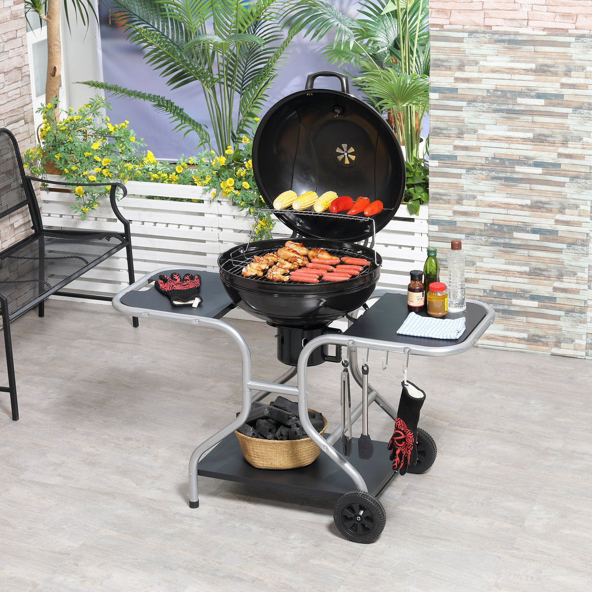 Outsunny Portable Charcoal Kettle Grill in Black