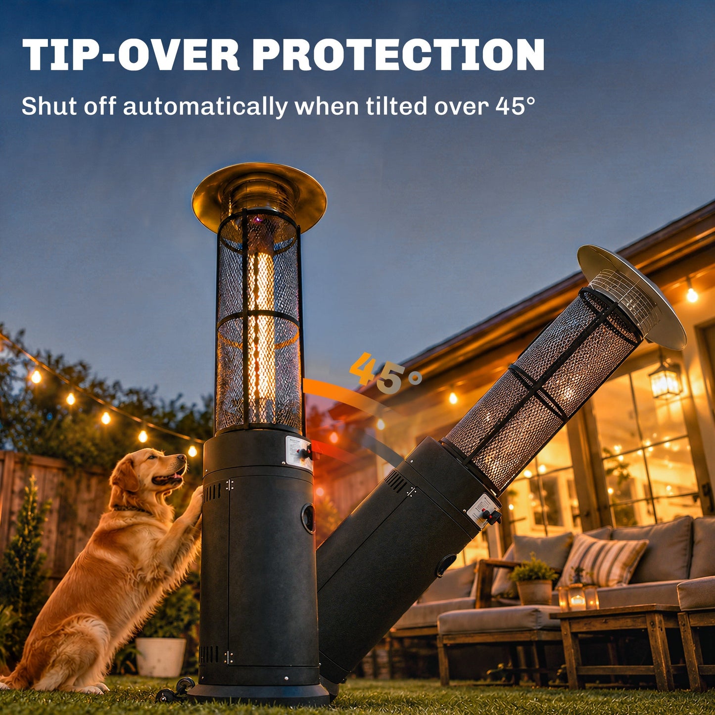 Outsunny 11 KW Freestanding Gas Patio Heater, Adjustable Outdoor Garden Propane Heater with Tip-Over Switch, Wheels, Pulse Ignition, Tank Room with Openable Door, Black