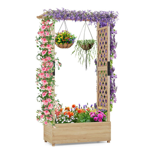 Raised Garden Bed Fir Wood Planter Box with trellis and hanging roof, decorated with flowers