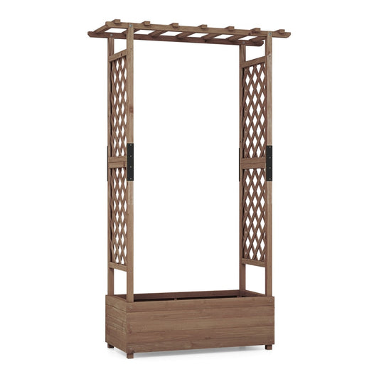 Raised Garden Bed Fir Wood Planter Box with 2-sided trellis and hanging roof in brown