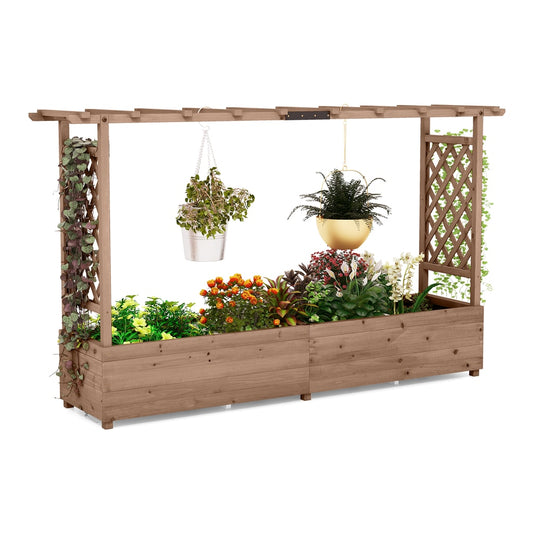 Raised Garden Bed with 2-Sided Trellis and Hanging Roof in rustic brown wood with plants