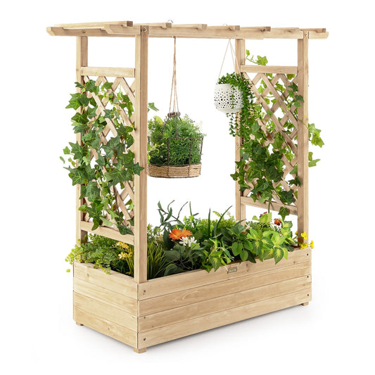 Raised Garden Bed with Arch Trellis filled with various green plants and hanging baskets