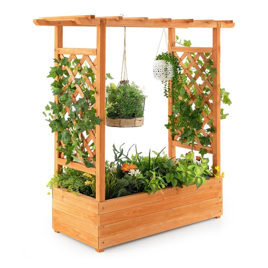Raised Garden Bed with Arch Trellis-Orange, a wooden planter with a trellis arch above, decorated with green plants
