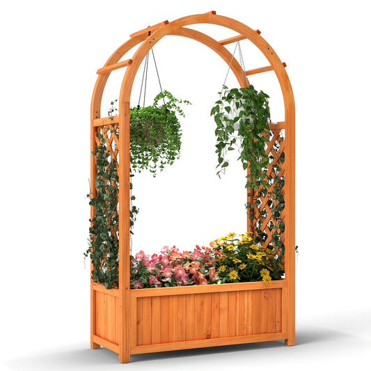 Raised Garden Bed featuring an arched trellis filled with colourful flowers and hanging green plants