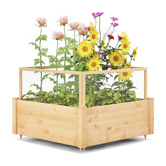Raised Garden Bed with a protective wire fence and internal grid filled with colourful flowers