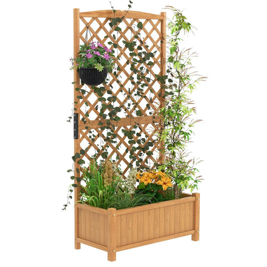 Raised Garden Bed with Diamond Shaped Trellis filled with various plants and a hanging flower basket