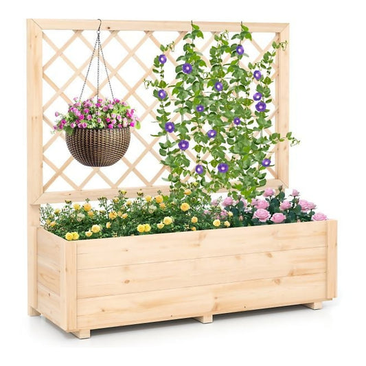 Raised Garden Bed with Lattice Trellis Wooden Elevated Planter filled with flowers and a hanging basket