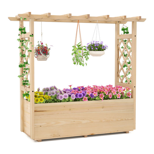 Raised Garden Bed with Lattice Trellises Hanging Roof Drainage-L filled with colourful flowers