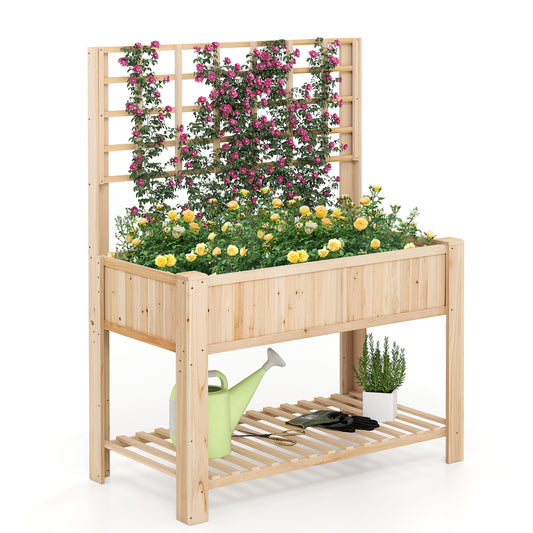 Raised Garden Bed with trellis filled with flowers and gardening tools on the bottom shelf