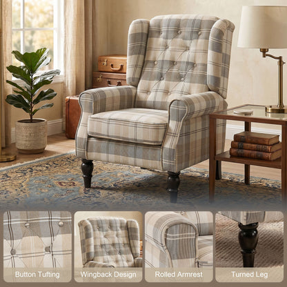HOMCOM Wingback Accent Chair, Linen-Look Fabric Armchair with Thick Spring Cushion, High Back, Khaki Plaid