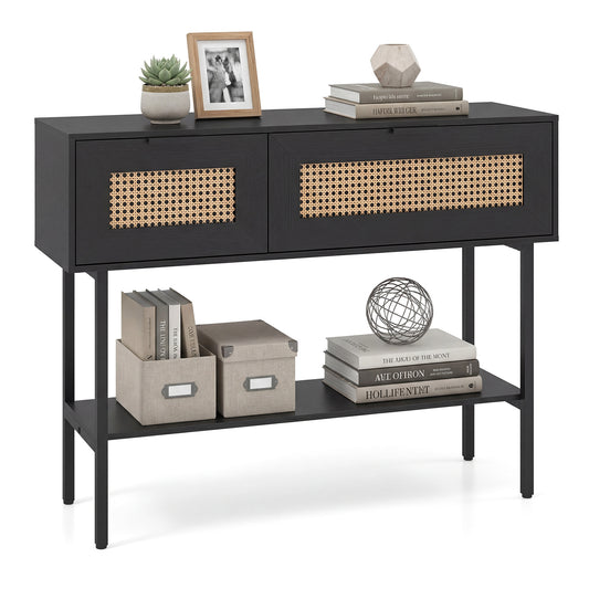 Rattan Console Table with two flip doors and a lower shelf, decorated with a plant and books