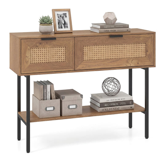 Rattan Console Table with two flip doors and a lower shelf, styled with books and decor