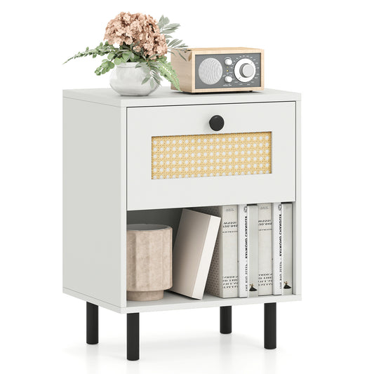 Rattan Nightstand Boho Style Bedside Table with drawer and open shelf