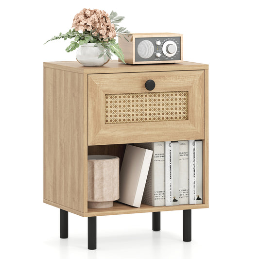 Rattan Nightstand Boho Style Bedside Table with drawer and open storage shelf in natural wood finish