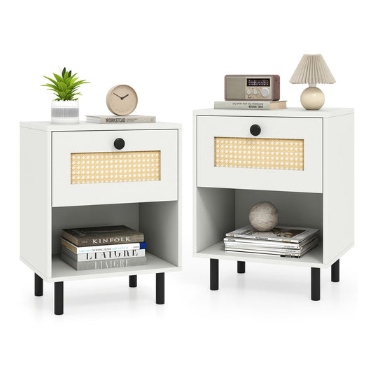Rattan Nightstand with drawer and open shelf in white finish, shown as a pair