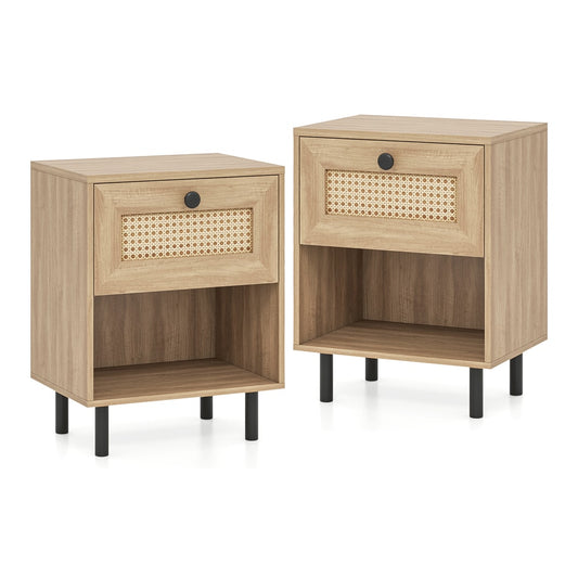 Rattan Nightstand set of two with a drawer and an open shelf on black legs