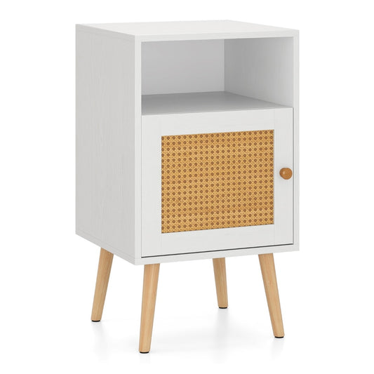 Rattan Nightstand with storage and PE rattan decorated door in white
