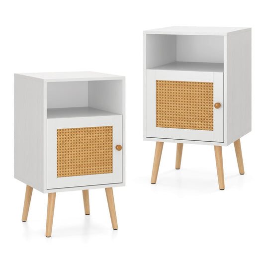 Rattan Nightstand set of two white units with light wooden legs and woven door panels