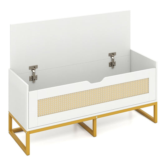 Rattan Storage Chest Wicker Shoe Bench with Padded Seat in white with gold legs, open lid showing storage space