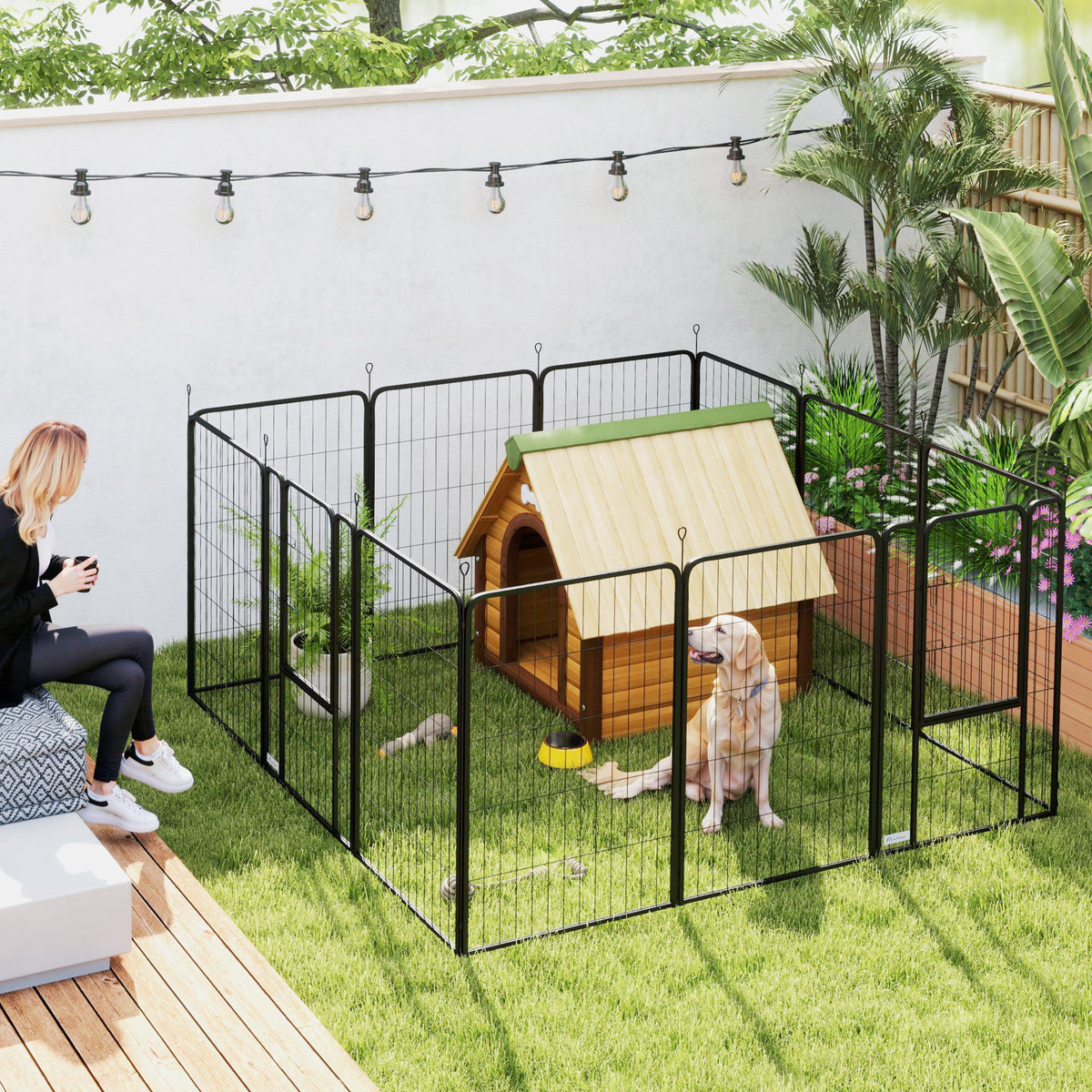 PawHut 12-Panel Solid Dog Playpen with Doors in Black