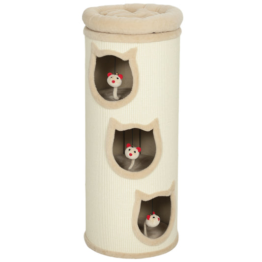 PawHut 3-Tier Cat House for Indoor Kittens, Cat Cave Bed with Scratching Pad, Plush Edge, Removable Plush Bed, 3 Dangling Mice