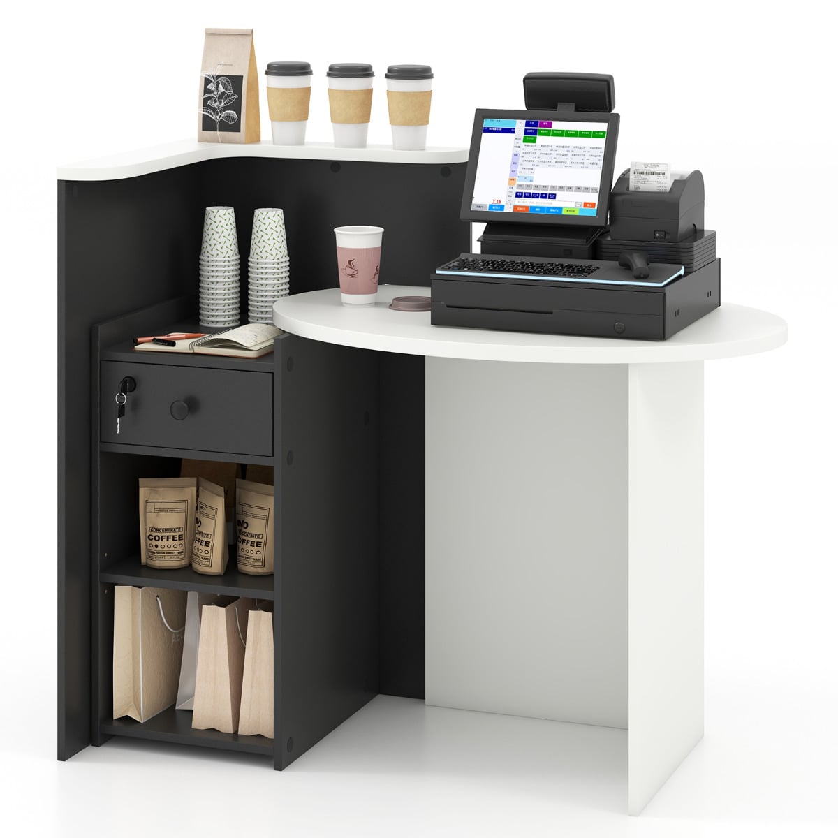 Corner Front Reception Counter Desk with Lockable Drawer-Black & White