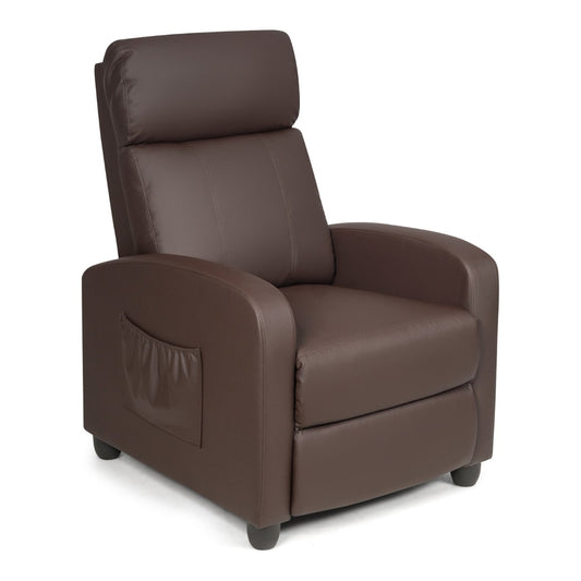 Recliner Armchair with Reclining Function and Adjustable Leg Rest in coffee brown faux leather, shown from the front