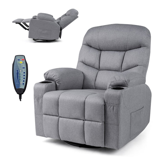 Recliner Chair with massage and heat, grey fabric, with a separate remote control and cup holders